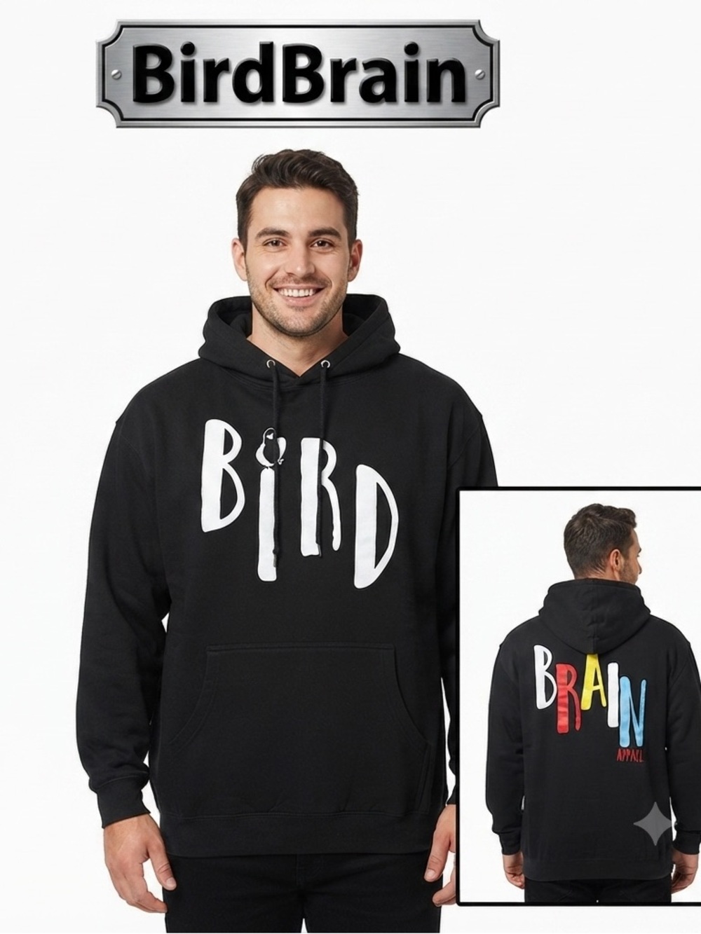 BirdBrain Drawstring Black Hoodie Unisex Large